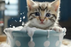 Gato banhando sem estresse